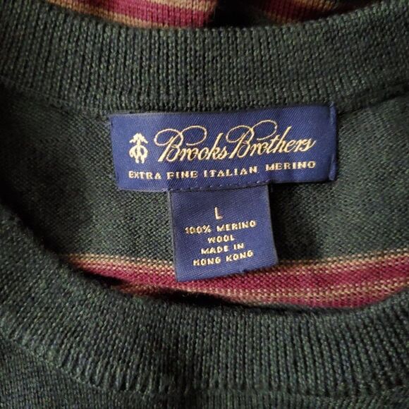 Brooks Brothers Striped Extra Fine Merino Wool Sweater L Light Weight Green Red - Picture 3 of 4